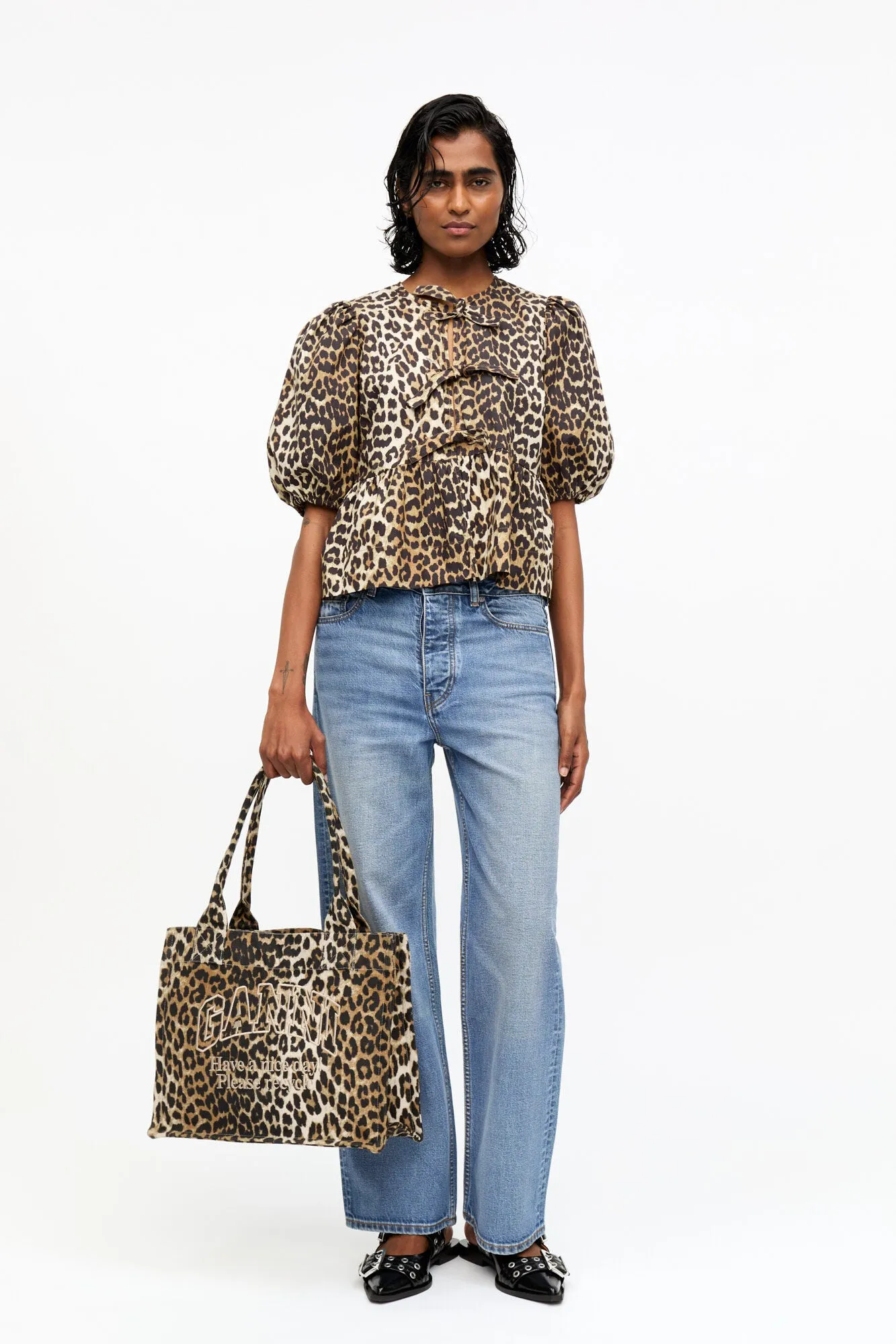 COTTON POPLIN PEPLUM TIE BLOUSE | LEOPARD