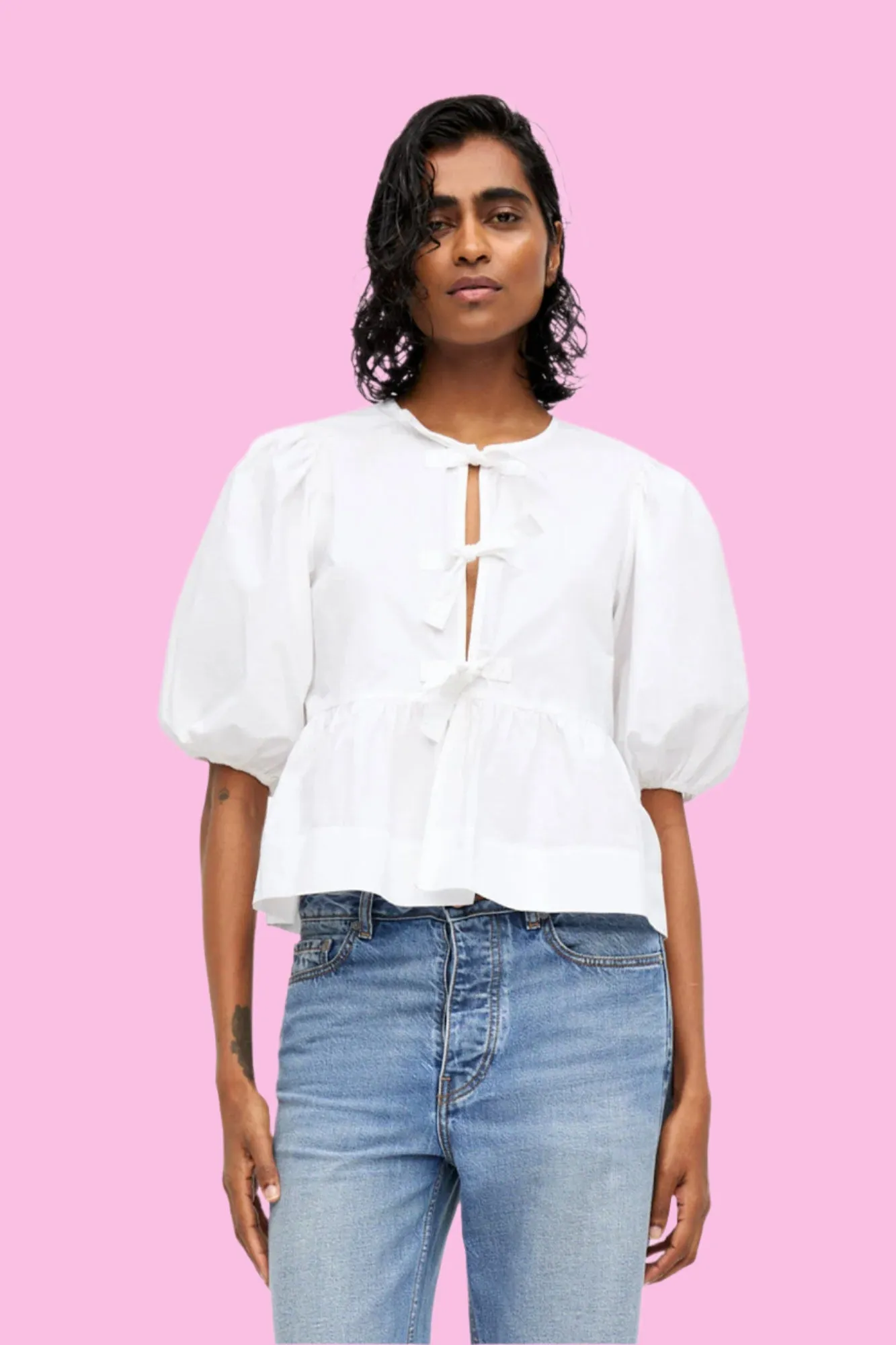 COTTON POPLIN PEPLUM TIE BLOUSE | WHITE
