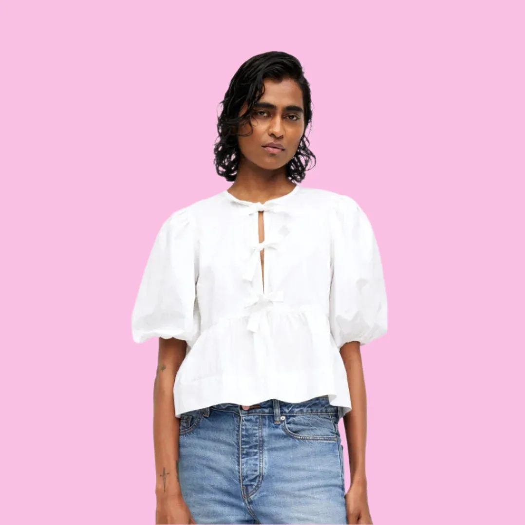 COTTON POPLIN PEPLUM TIE BLOUSE | WHITE