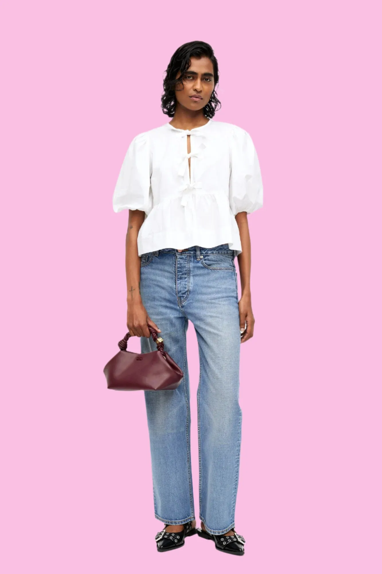 COTTON POPLIN PEPLUM TIE BLOUSE | WHITE