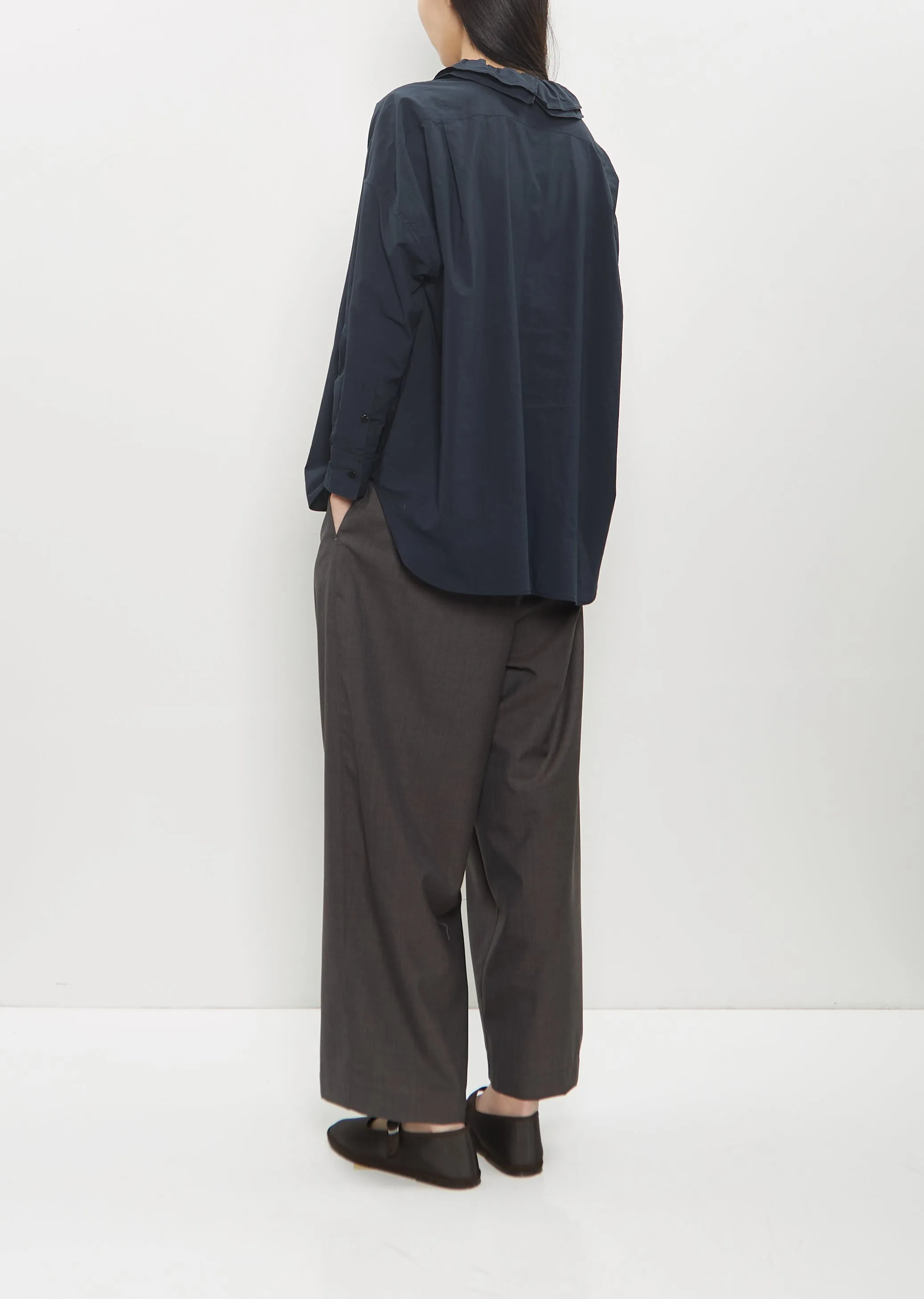 Cotton Ruffle Collar Baggy Shirt — Navy