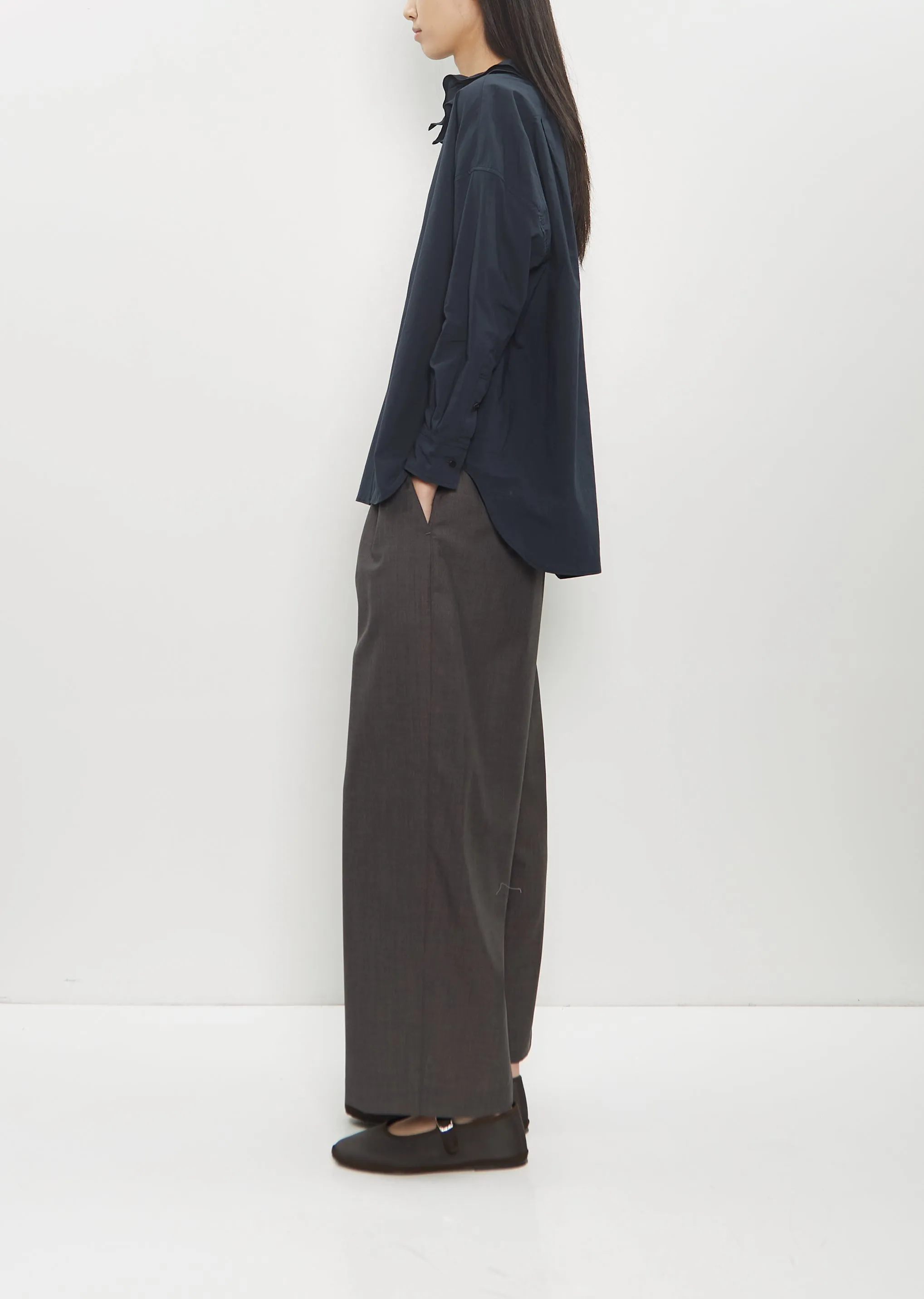 Cotton Ruffle Collar Baggy Shirt — Navy