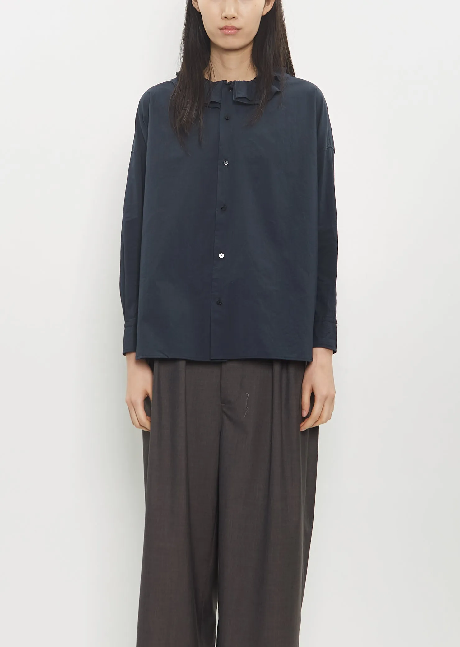 Cotton Ruffle Collar Baggy Shirt — Navy