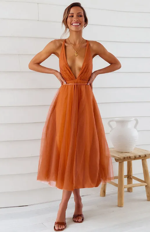 Deep V-Neck Backless Midi Dress with Mesh Puff Skirt