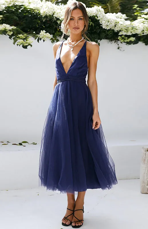 Deep V-Neck Backless Midi Dress with Mesh Puff Skirt