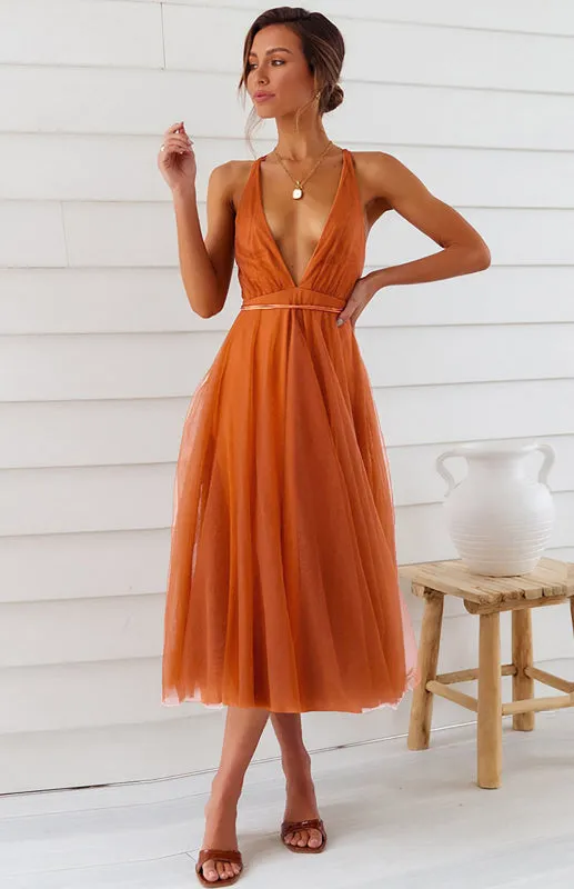 Deep V-Neck Backless Midi Dress with Mesh Puff Skirt