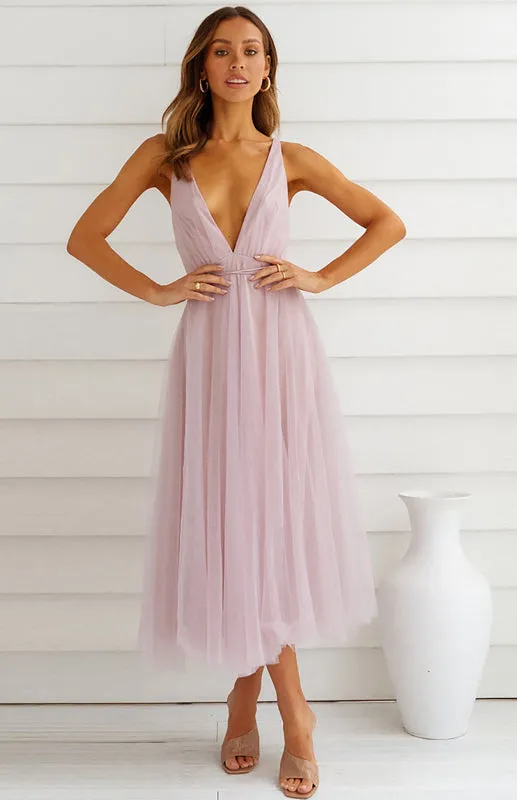 Deep V-Neck Backless Midi Dress with Mesh Puff Skirt