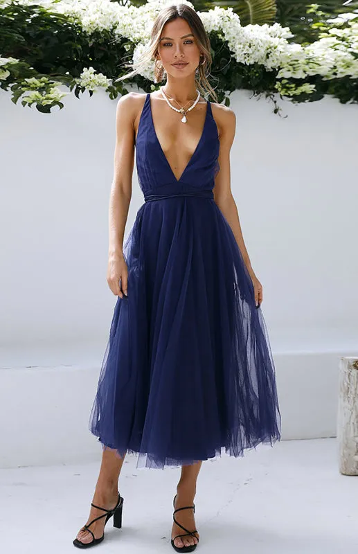 Deep V-Neck Backless Midi Dress with Mesh Puff Skirt