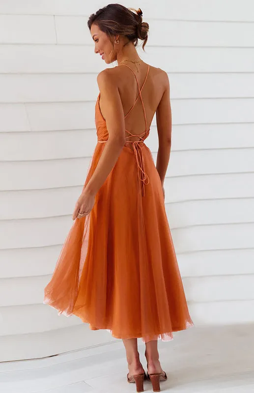 Deep V-Neck Backless Midi Dress with Mesh Puff Skirt