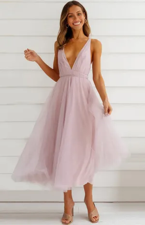 Deep V-Neck Backless Midi Dress with Mesh Puff Skirt