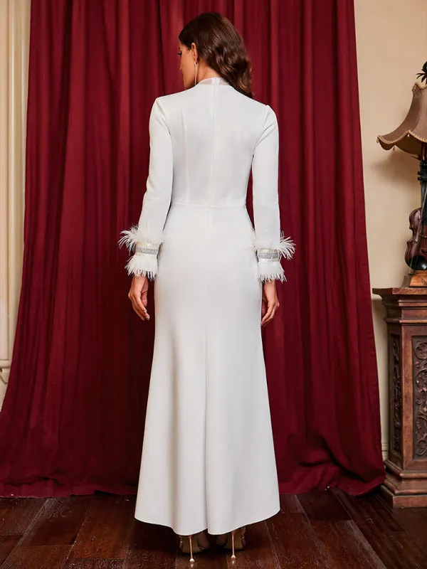 Deep V-Neck Maxi Dress with Feathered Sleeves and High Slit