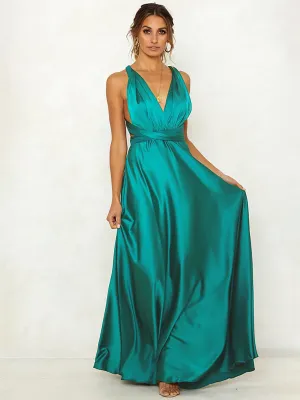 Deep V-Neck Maxi Dress with Open Back and Satin Finish