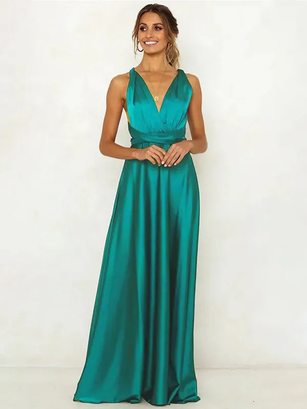 Deep V-Neck Maxi Dress with Open Back and Satin Finish