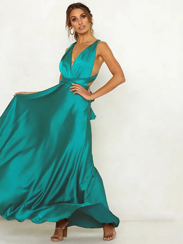 Deep V-Neck Maxi Dress with Open Back and Satin Finish