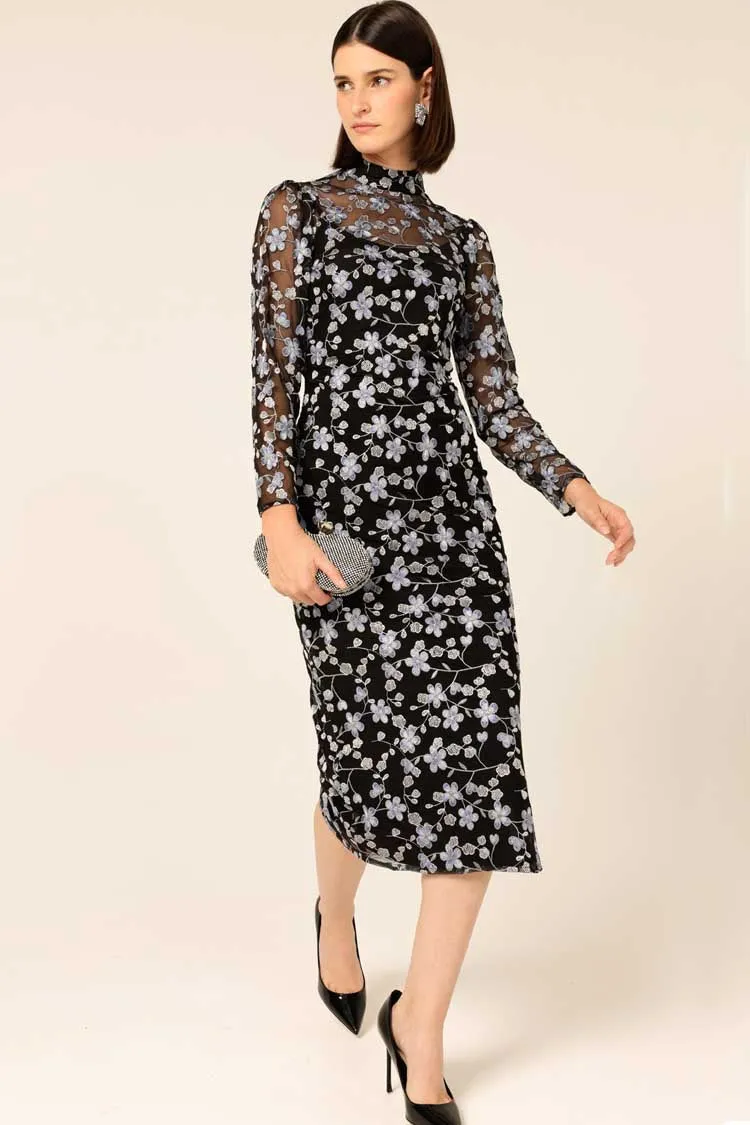 Delicate Domain Dress in Periwinkle Black Flower