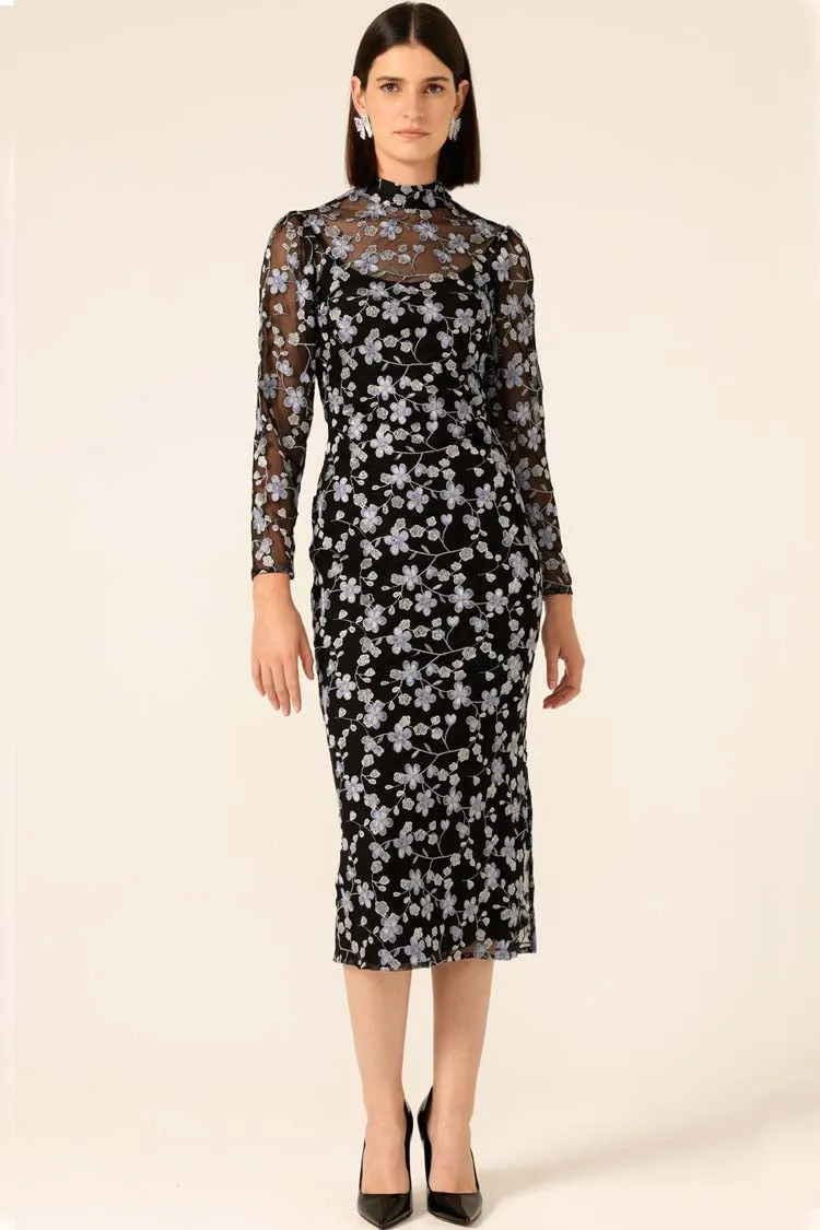 Delicate Domain Dress in Periwinkle Black Flower