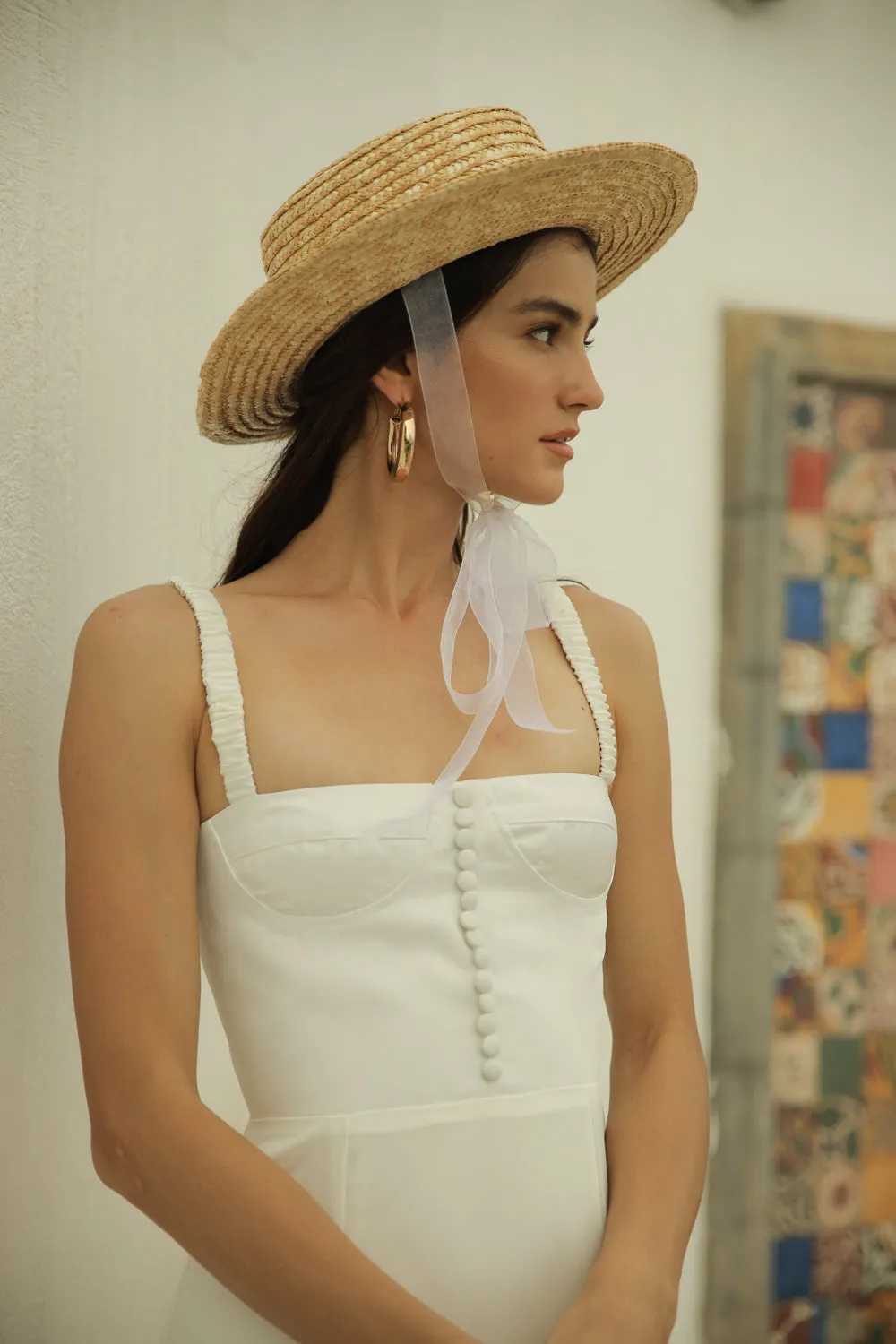 DELPHINE Gathered Strap Maxi Dress with Covered Button Detail (White Silk)