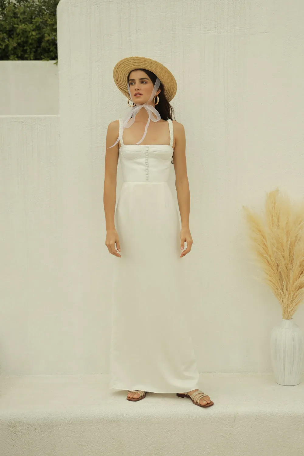 DELPHINE Gathered Strap Maxi Dress with Covered Button Detail (White Silk)