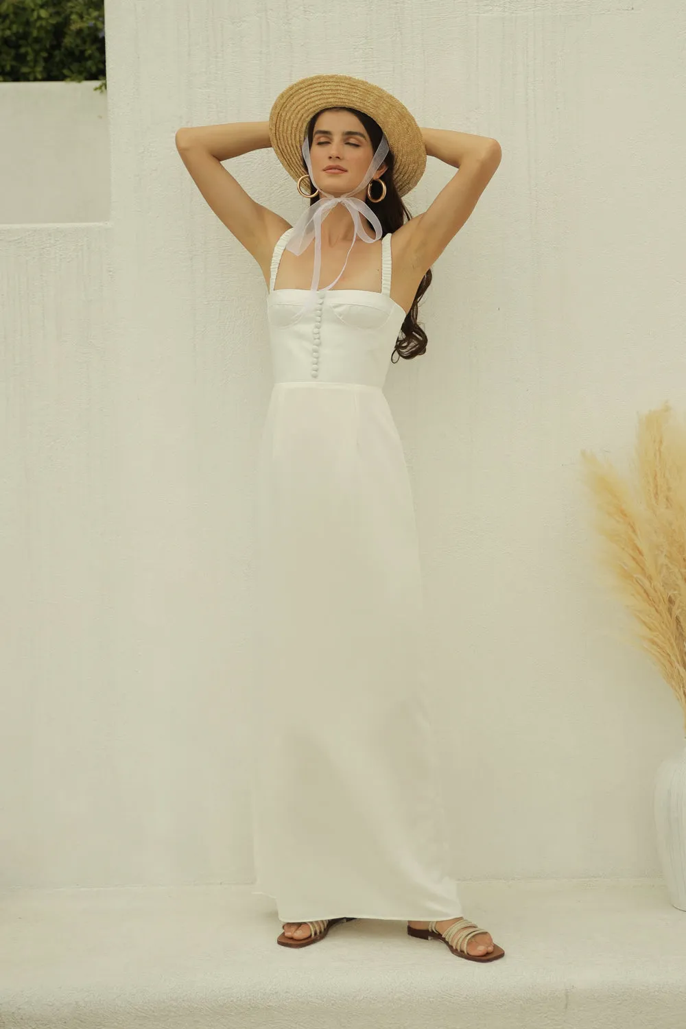 DELPHINE Gathered Strap Maxi Dress with Covered Button Detail (White Silk)