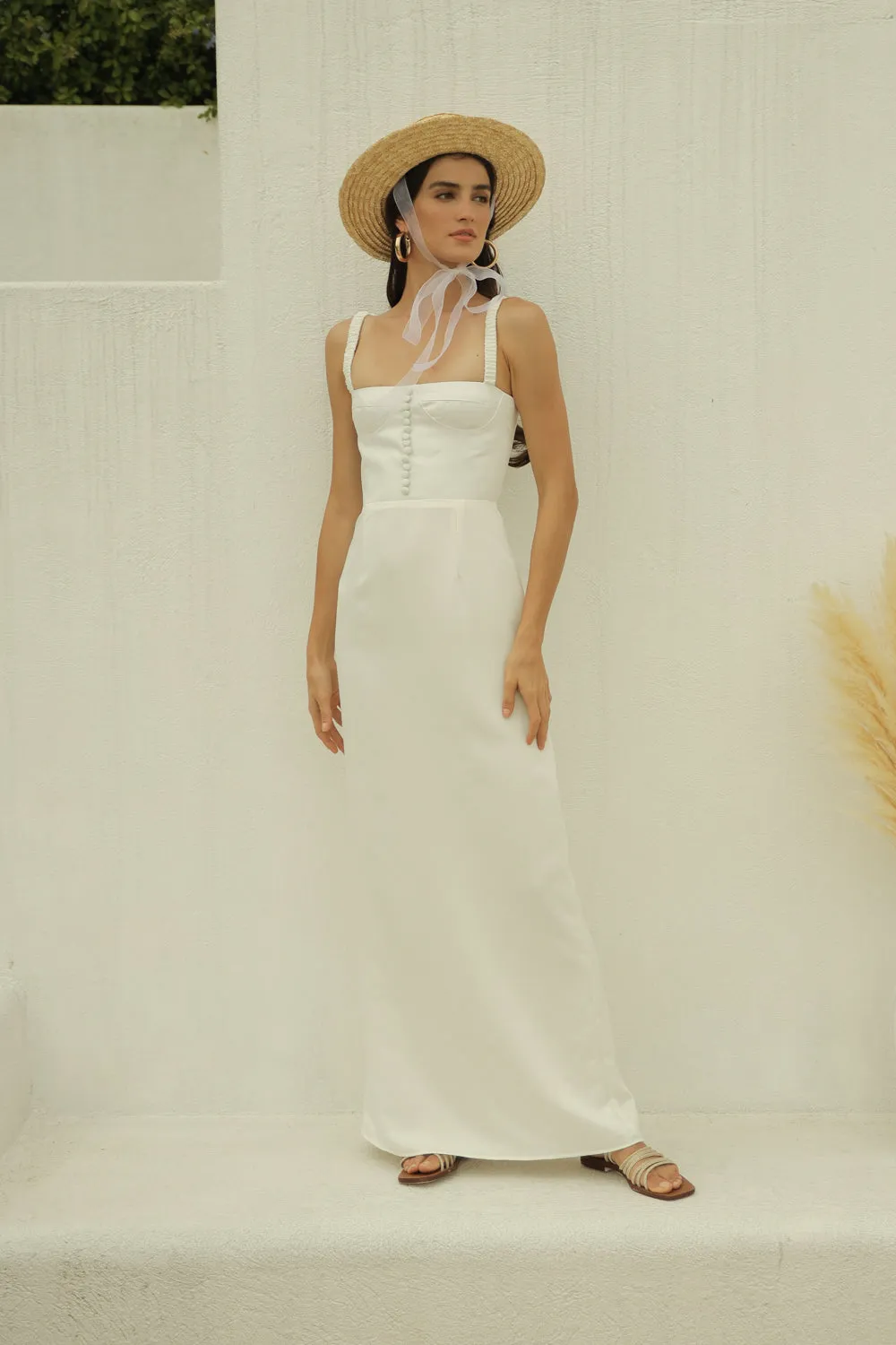 DELPHINE Gathered Strap Maxi Dress with Covered Button Detail (White Silk)