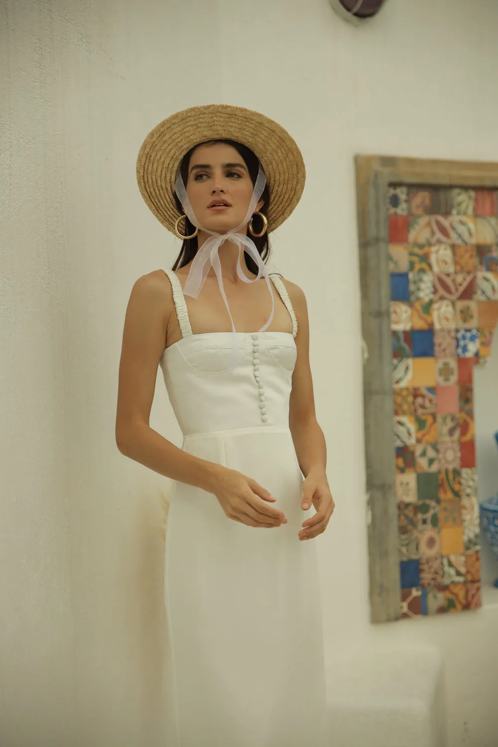 DELPHINE Gathered Strap Maxi Dress with Covered Button Detail (White Silk)