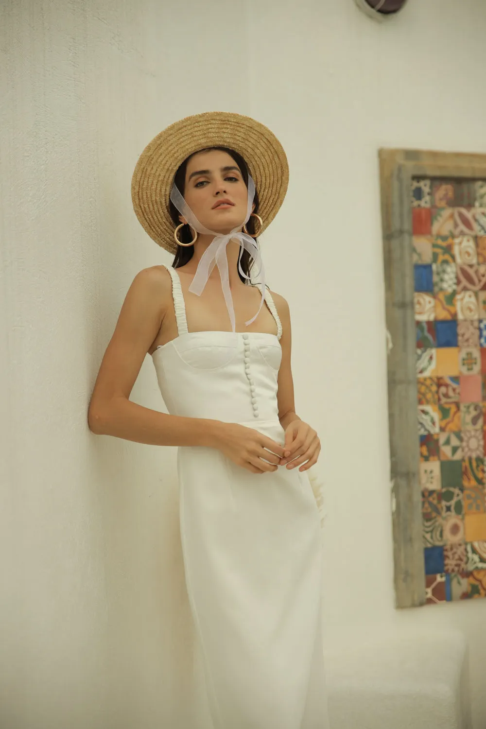 DELPHINE Gathered Strap Maxi Dress with Covered Button Detail (White Silk)