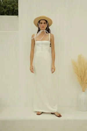 DELPHINE Gathered Strap Maxi Dress with Covered Button Detail (White Silk)