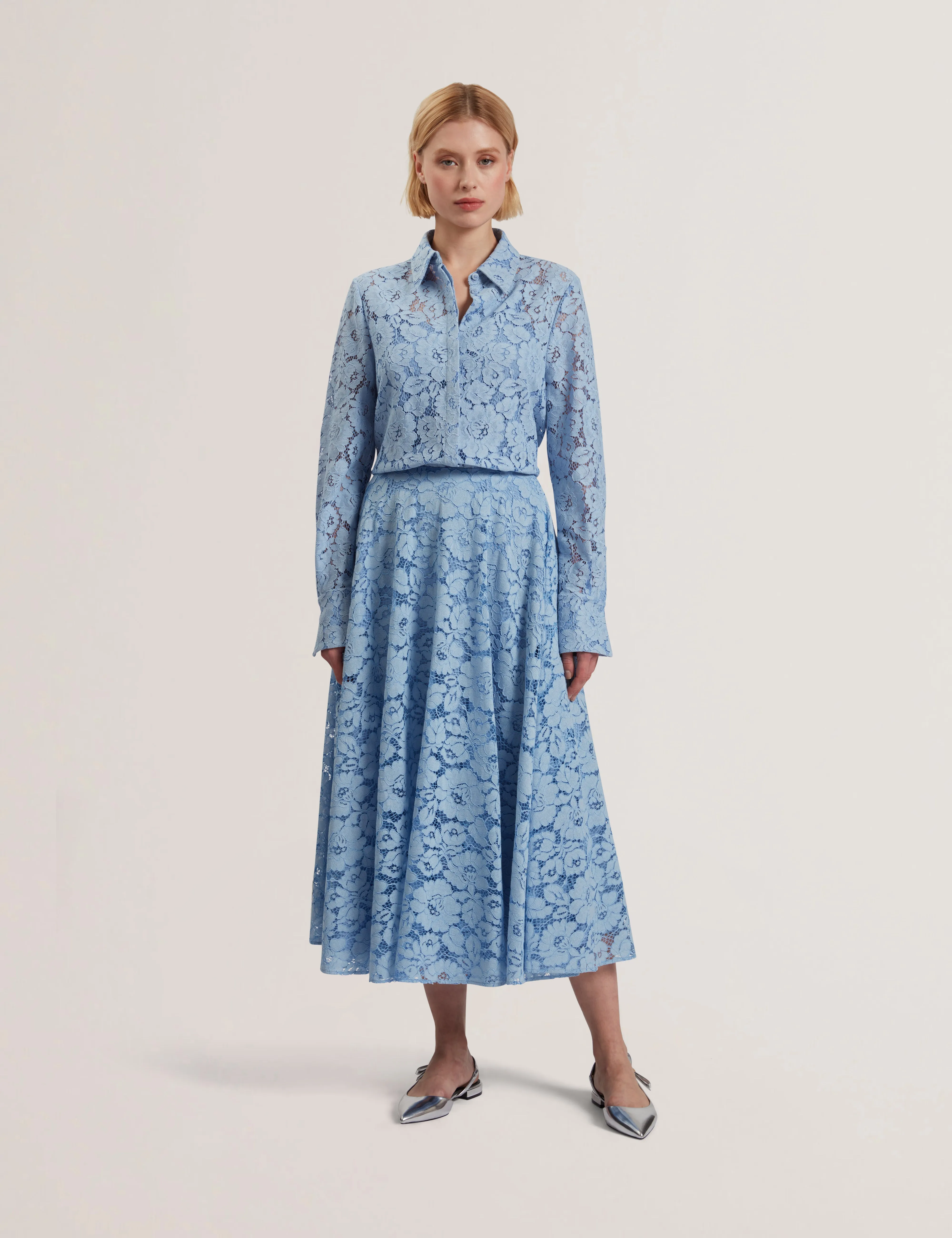 Demiee Bonded Lace Pleated Midi Skirt Lt-Blue