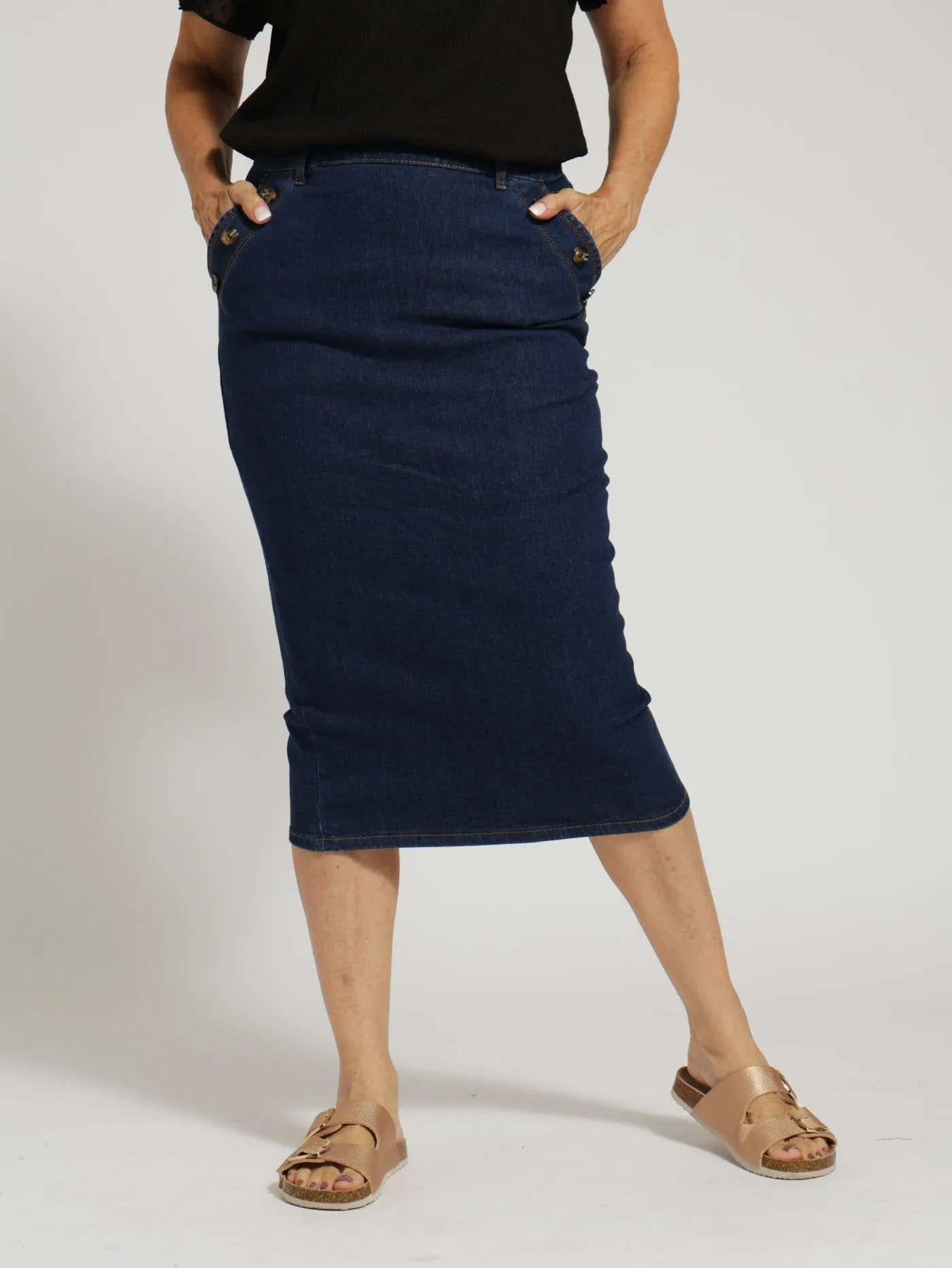 Denim Pencil Skirt With Button Detail - Mid Blue