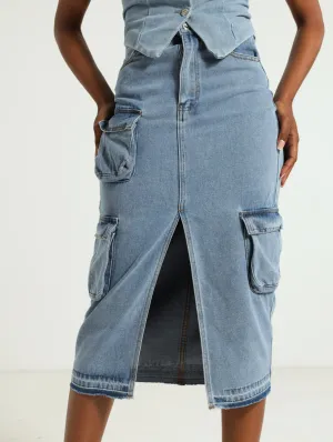 Denim Utility Midi Skirt - Mid Blue