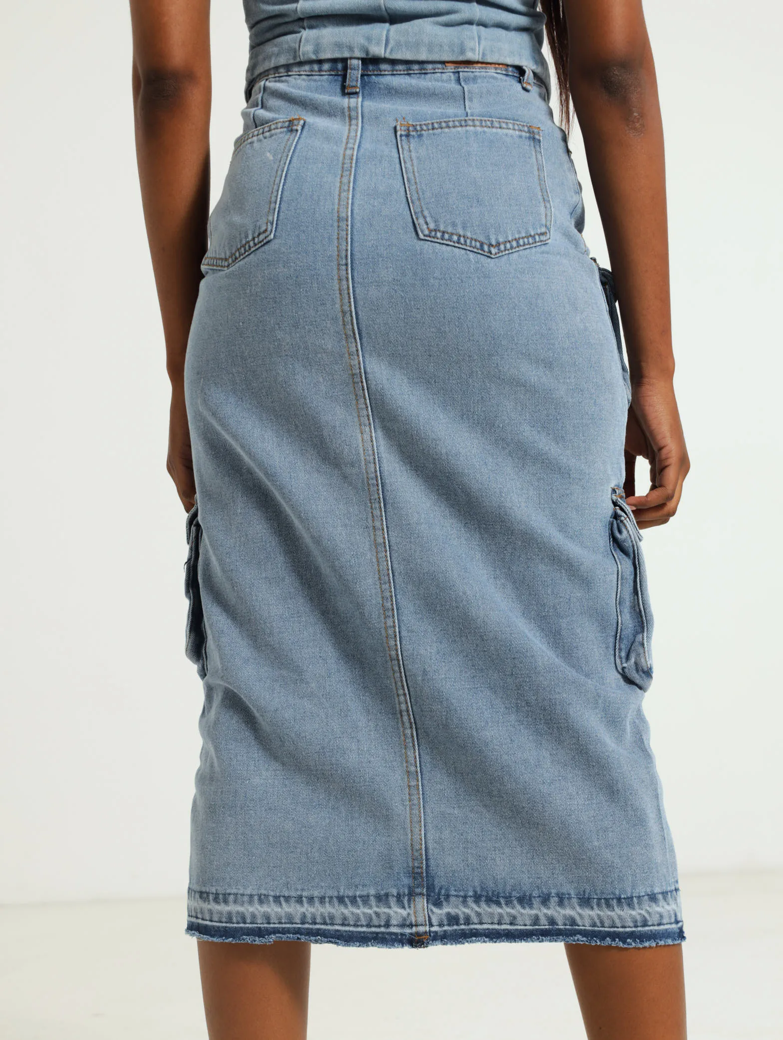 Denim Utility Midi Skirt - Mid Blue