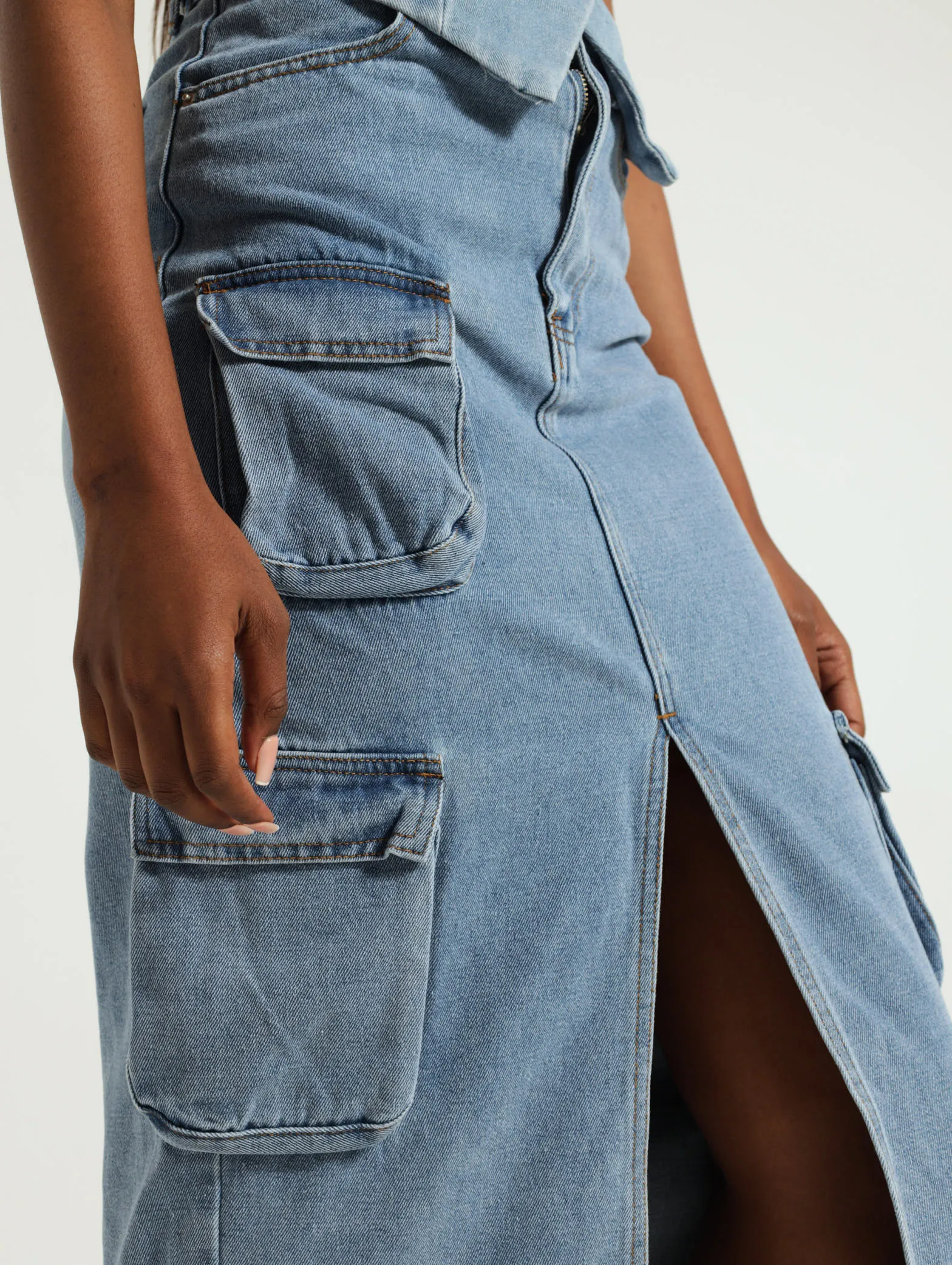 Denim Utility Midi Skirt - Mid Blue