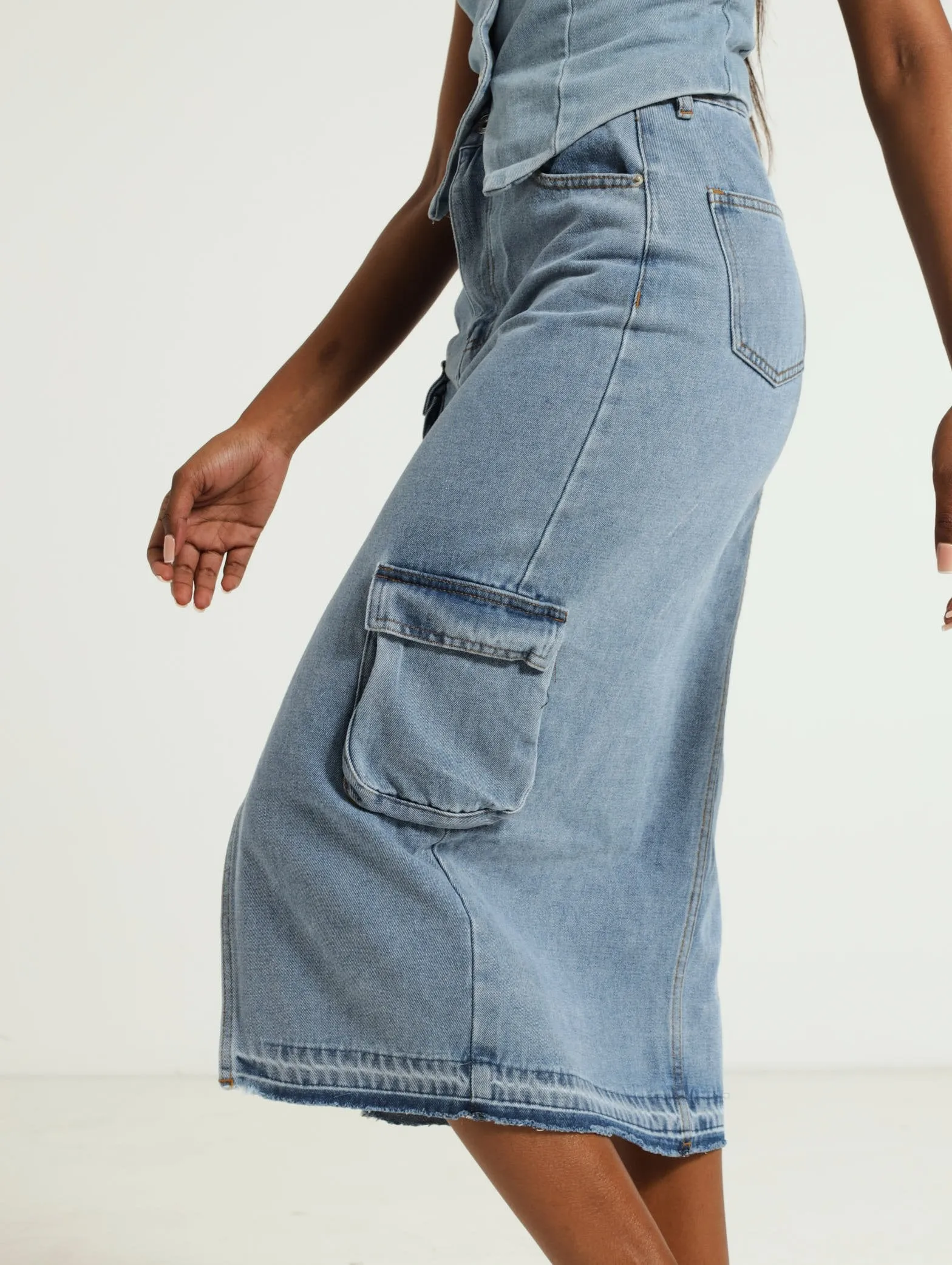 Denim Utility Midi Skirt - Mid Blue