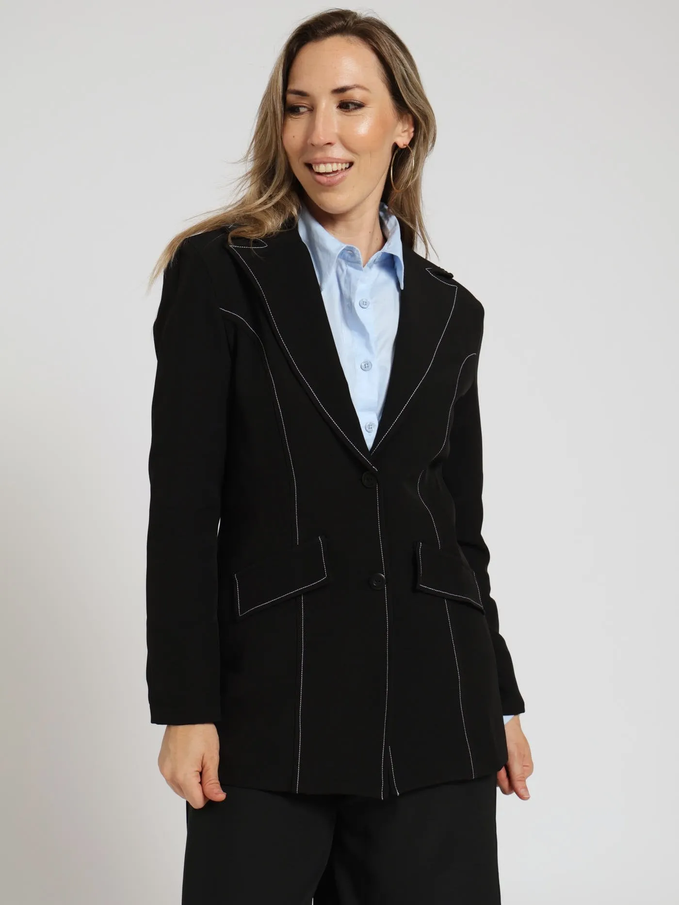 Double Button T-Stitch Blazer - Black