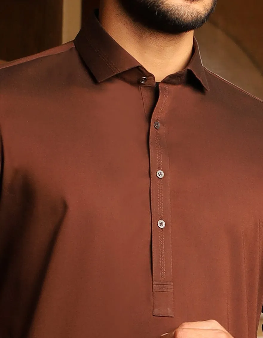 Eid outfit for boys in golden brown color with machine embroidery # K2353