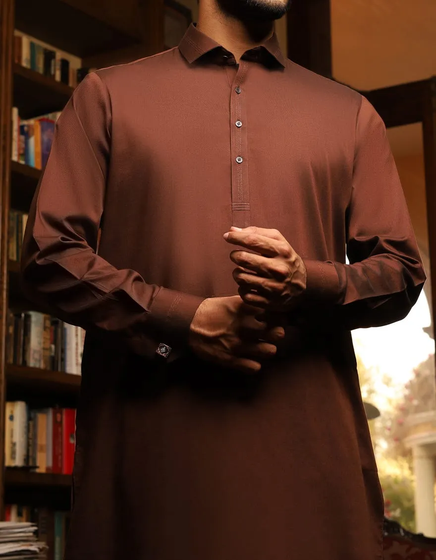 Eid outfit for boys in golden brown color with machine embroidery # K2353