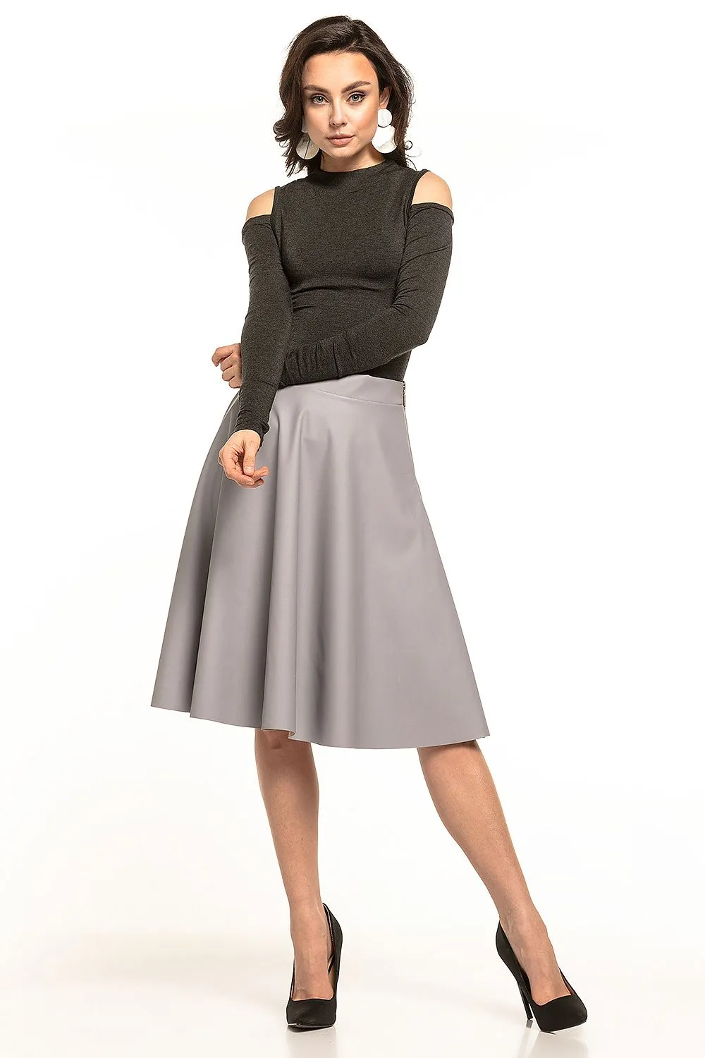 Elegant Eco-Leather Flared Midi Skirt