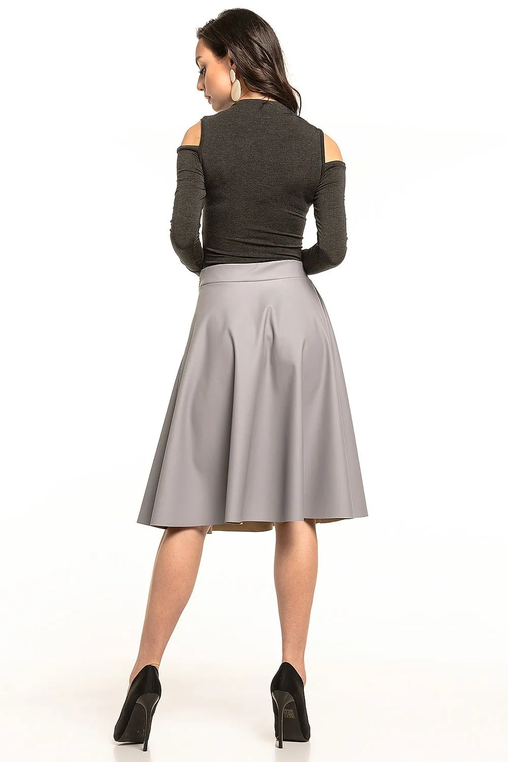 Elegant Eco-Leather Flared Midi Skirt