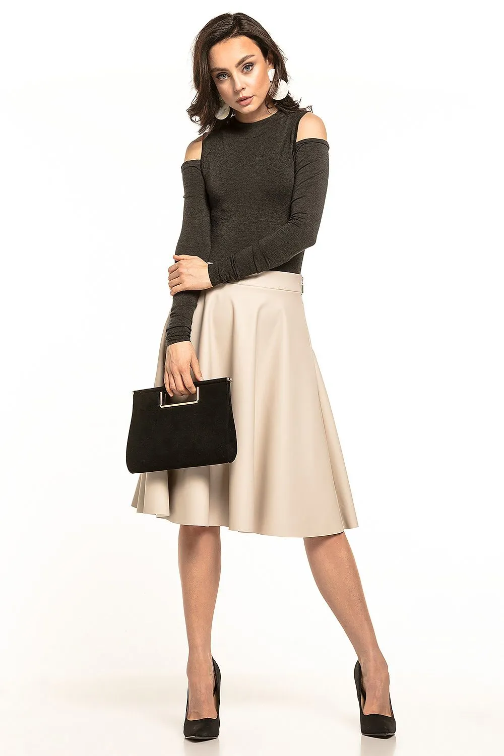 Elegant Eco-Leather Flared Midi Skirt