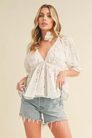 Elegant Peplum Blouse with Eyelet Embroidery in White