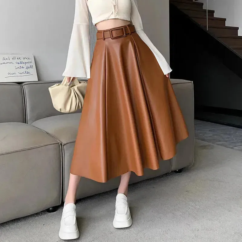 Elegant women High waist Flared Midi PU Leather skirt
