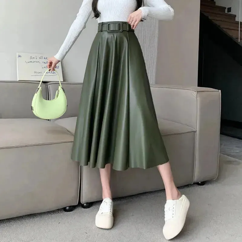 Elegant women High waist Flared Midi PU Leather skirt