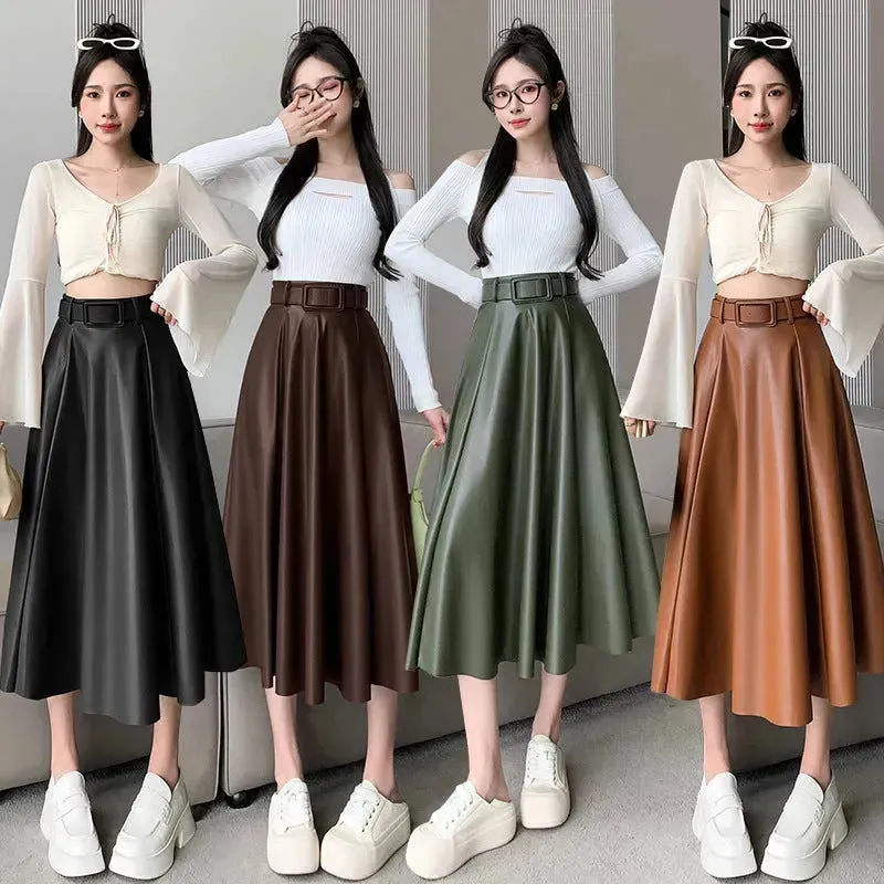 Elegant women High waist Flared Midi PU Leather skirt