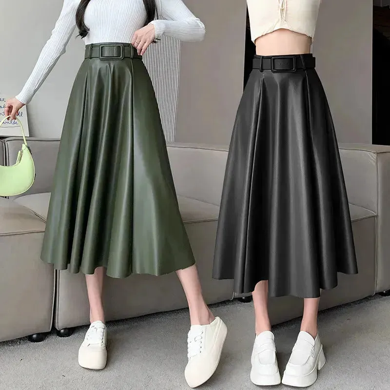 Elegant women High waist Flared Midi PU Leather skirt