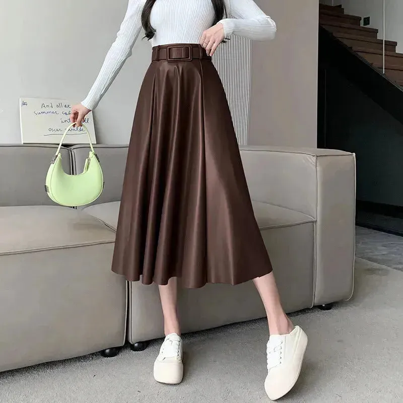 Elegant women High waist Flared Midi PU Leather skirt