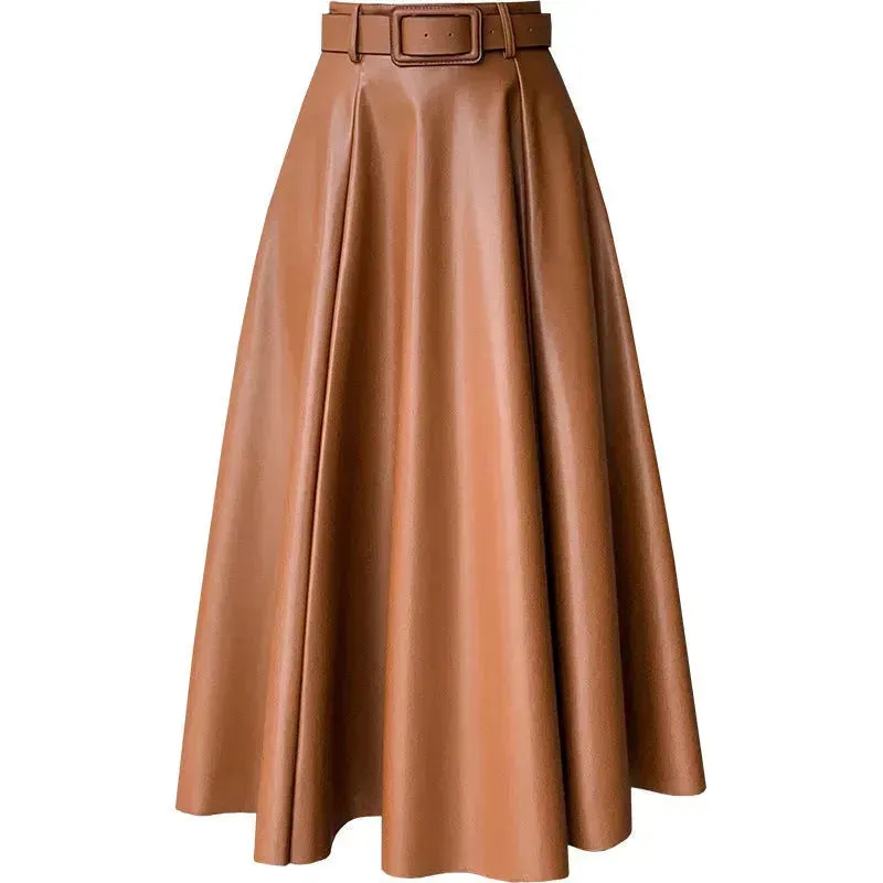 Elegant women High waist Flared Midi PU Leather skirt