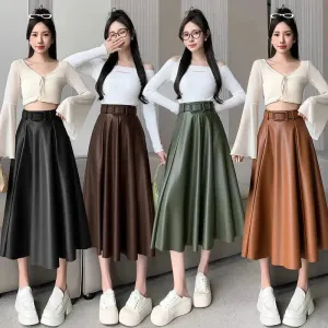 Elegant women High waist Flared Midi PU Leather skirt