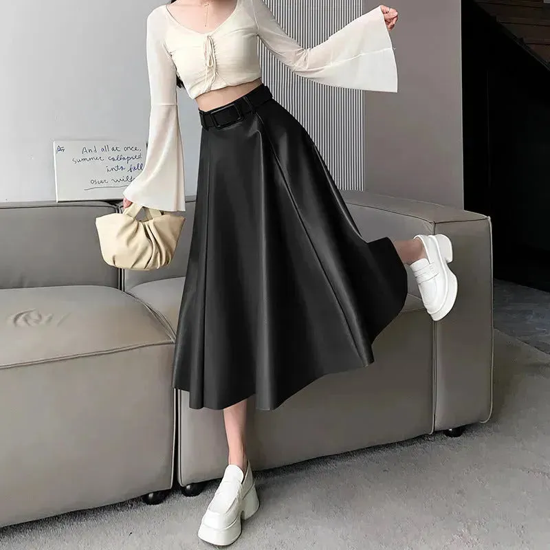 Elegant women High waist Flared Midi PU Leather skirt