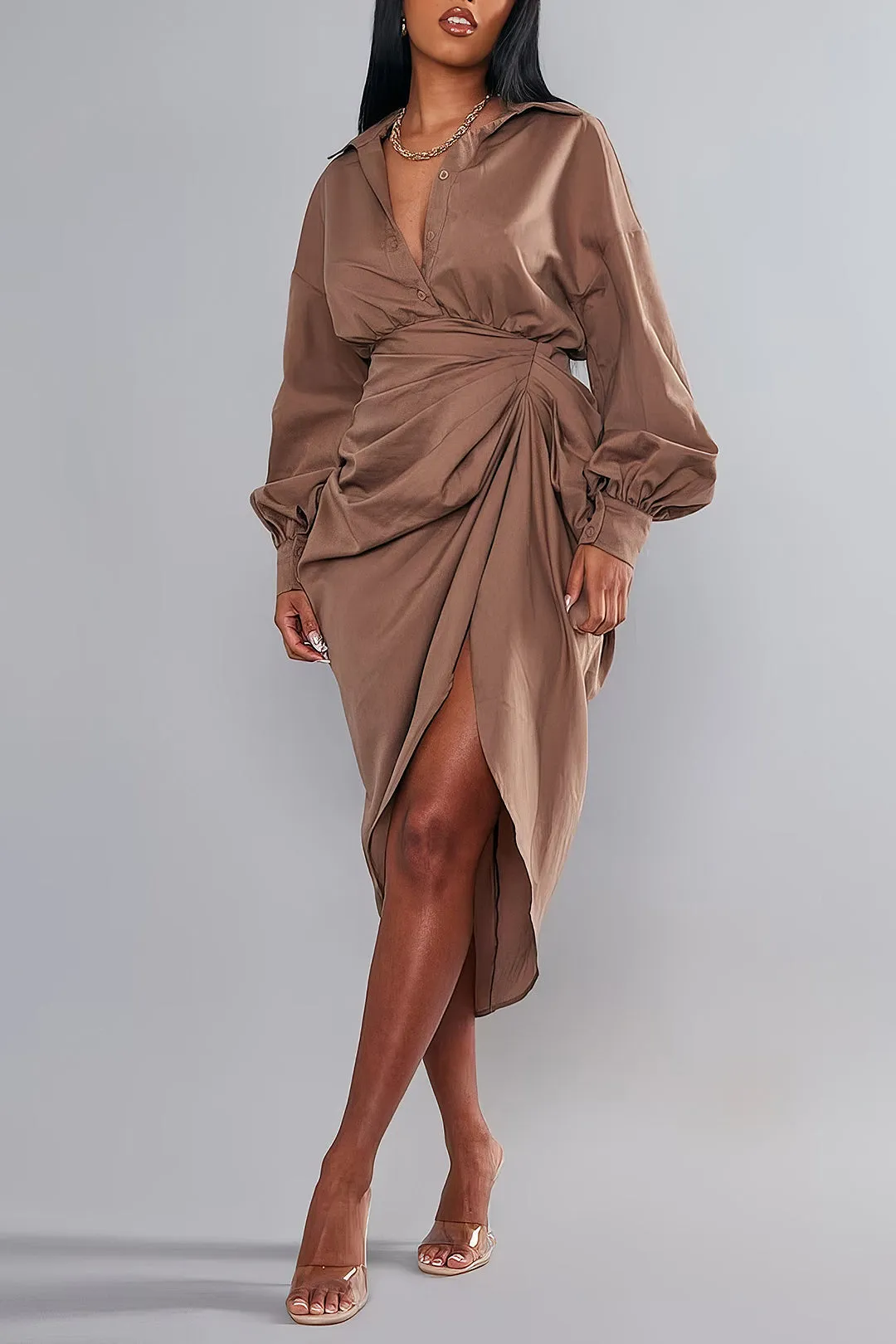 Elizabeth - Sleek Ruched Slit Design Woman's Midi Dress