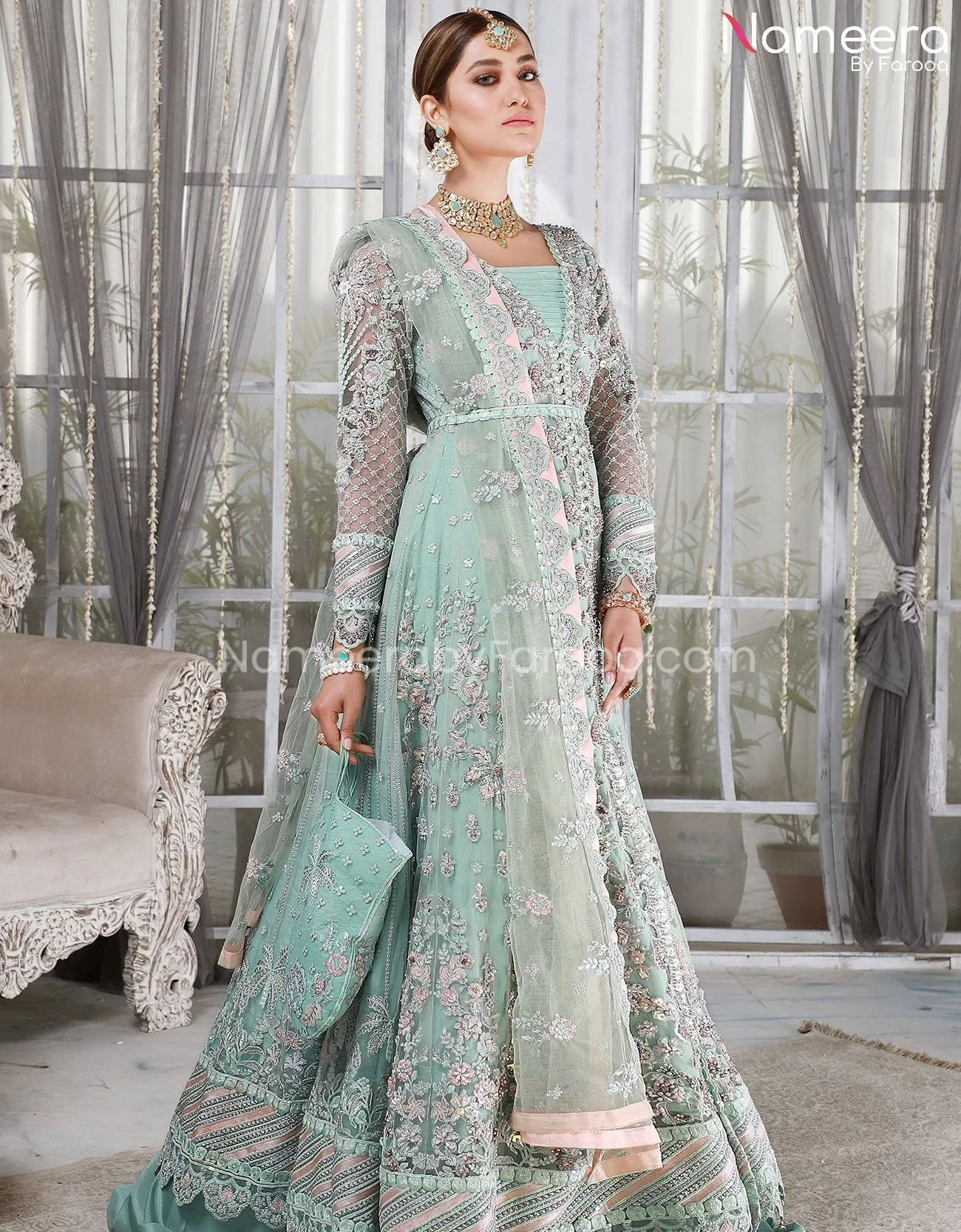 Embroidered Sky Blue Dress Pakistani in Net #PS215